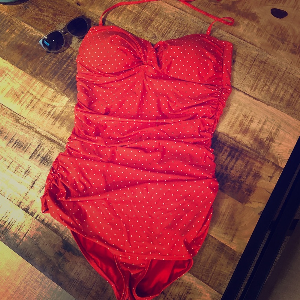 Red and white polka dot pin-up style one piece